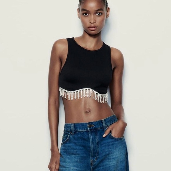 Zara Tops - NWOT Zara Black Rhinestone Crop Top XS